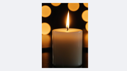 Close-up photographic wall art of a thick, white pillar candle with a bright, steady flame. The background is dark, featuring numerous large, warm, out-of-focus golden circles (bokeh) surrounding the candle. The art is framed in light wood and mounted on a white wall. Wall art by wall and more