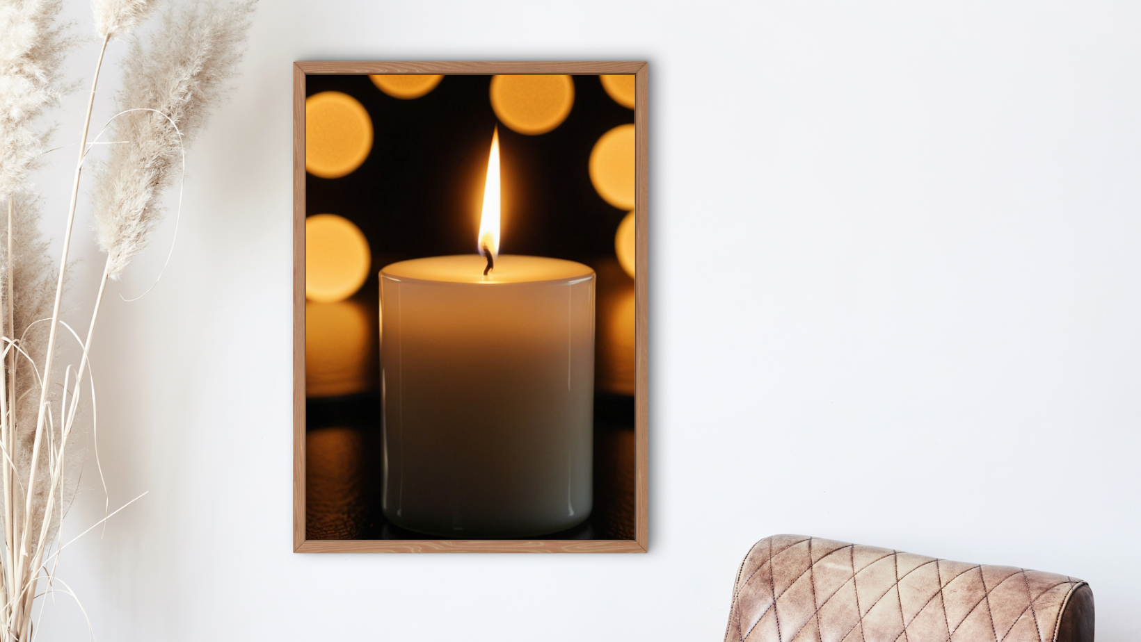 Close-up photographic wall art of a thick, white pillar candle with a bright, steady flame. The background is dark, featuring numerous large, warm, out-of-focus golden circles (bokeh) surrounding the candle. The art is framed in light wood and mounted on a white wall. Wall art frame in a living room by wall and more