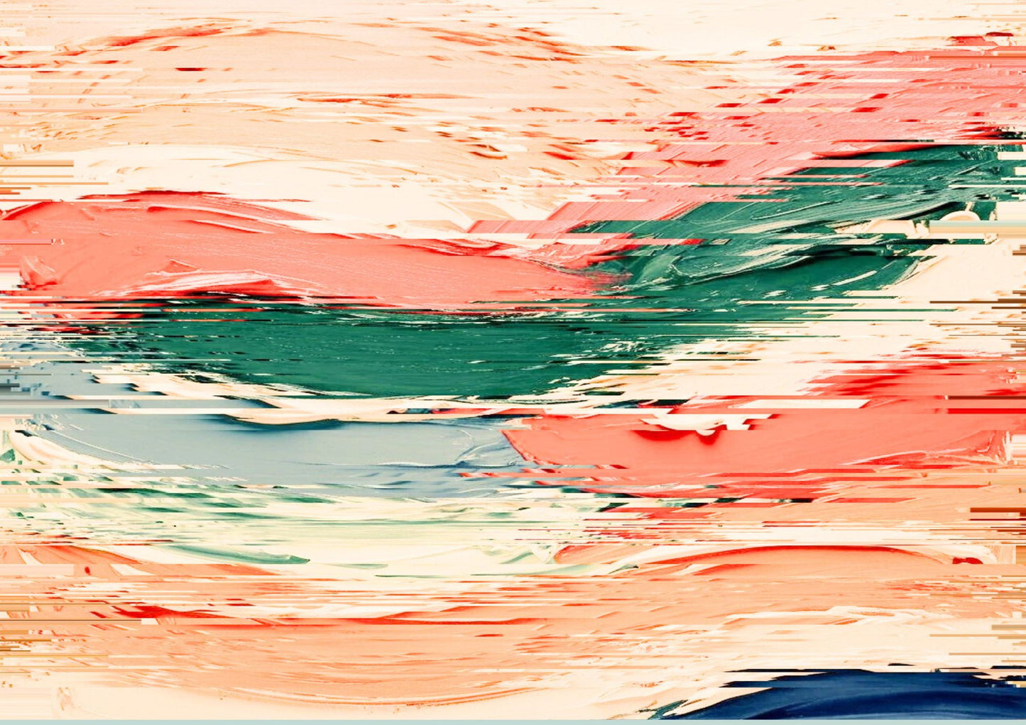 Horizontal abstract painting combining thick impasto like strokes of coral pink, teal, and blue with a digital glitch effect, creating horizontal lines and fragmented, distorted color bands across the surface. Canvas wall art by wall and more