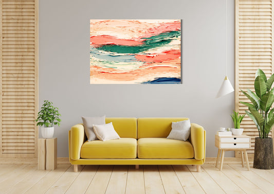 Horizontal abstract painting combining thick impasto like strokes of coral pink, teal, and blue with a digital glitch effect, creating horizontal lines and fragmented, distorted color bands across the surface. Canvas wall art in a modern living room by wall and more