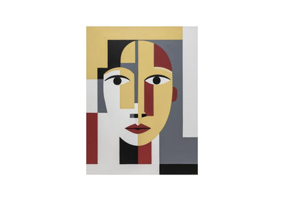 Abstract Cubist-style portrait composed of intersecting geometric shapes defining a face. The piece uses a limited, striking palette of mustard yellow/gold, deep red, black, white, and gray rectangles and curves, wall art frame