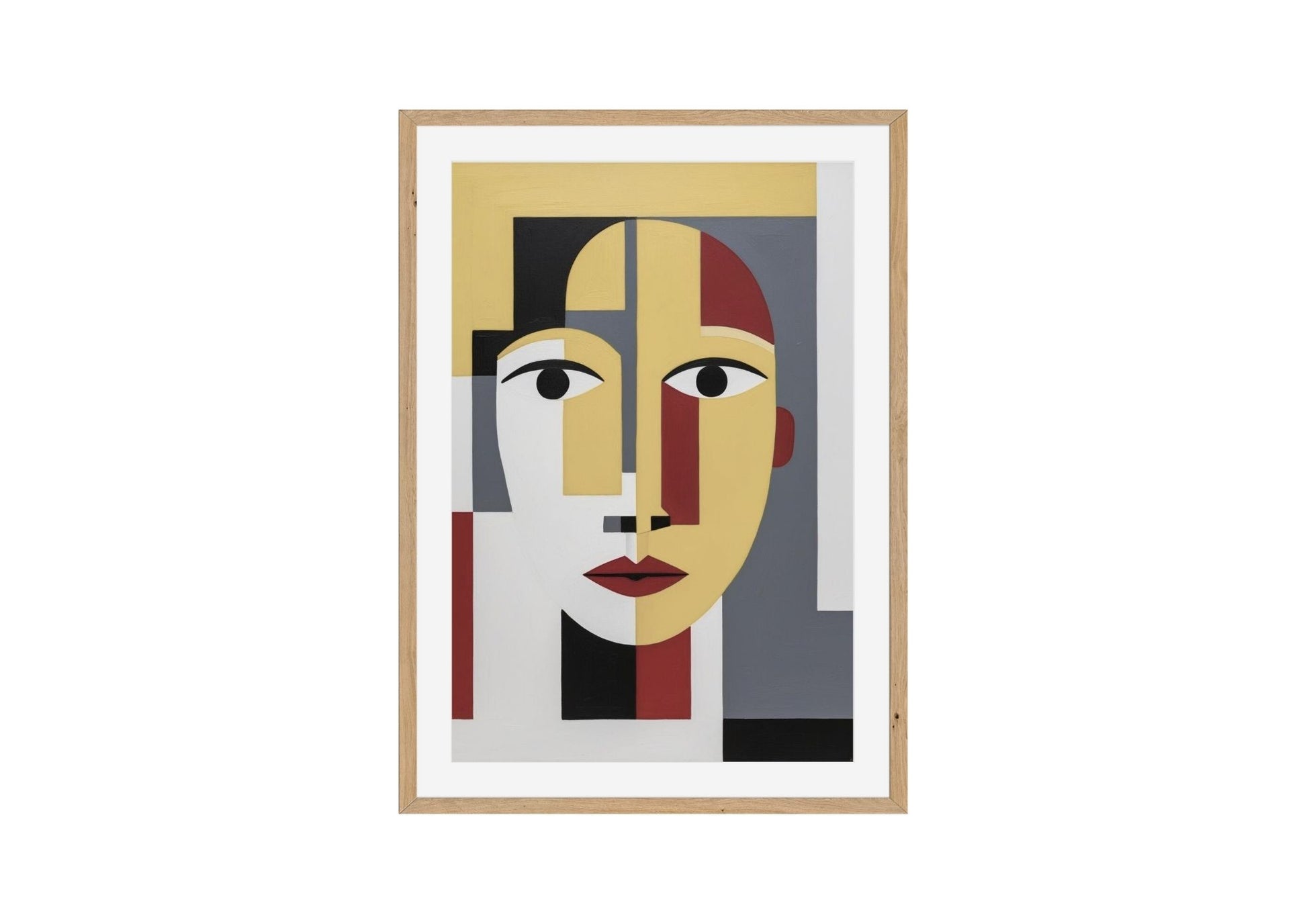 Abstract Cubist-style portrait composed of intersecting geometric shapes defining a face. The piece uses a limited, striking palette of mustard yellow/gold, deep red, black, white, and gray rectangles and curves, wall art frame