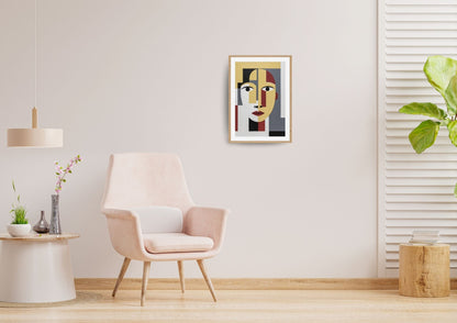 Abstract Cubist-style portrait composed of intersecting geometric shapes defining a face. The piece uses a limited, striking palette of mustard yellow/gold, deep red, black, white, and gray rectangles and curves, wall art frame in living room. by wall and more
