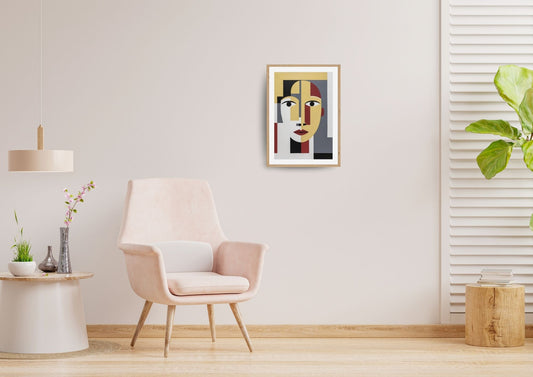 Abstract Cubist-style portrait composed of intersecting geometric shapes defining a face. The piece uses a limited, striking palette of mustard yellow/gold, deep red, black, white, and gray rectangles and curves, wall art frame in living room. by wall and more