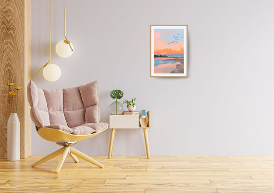 Warm colorful sun fall on beach, wall art frame by wall and more