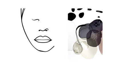 Minimalist Diptych Wall Art Set: Continuous line art face and an abstract expressionist print with dark shapes, displayed over a gold sofa in a modern living room.