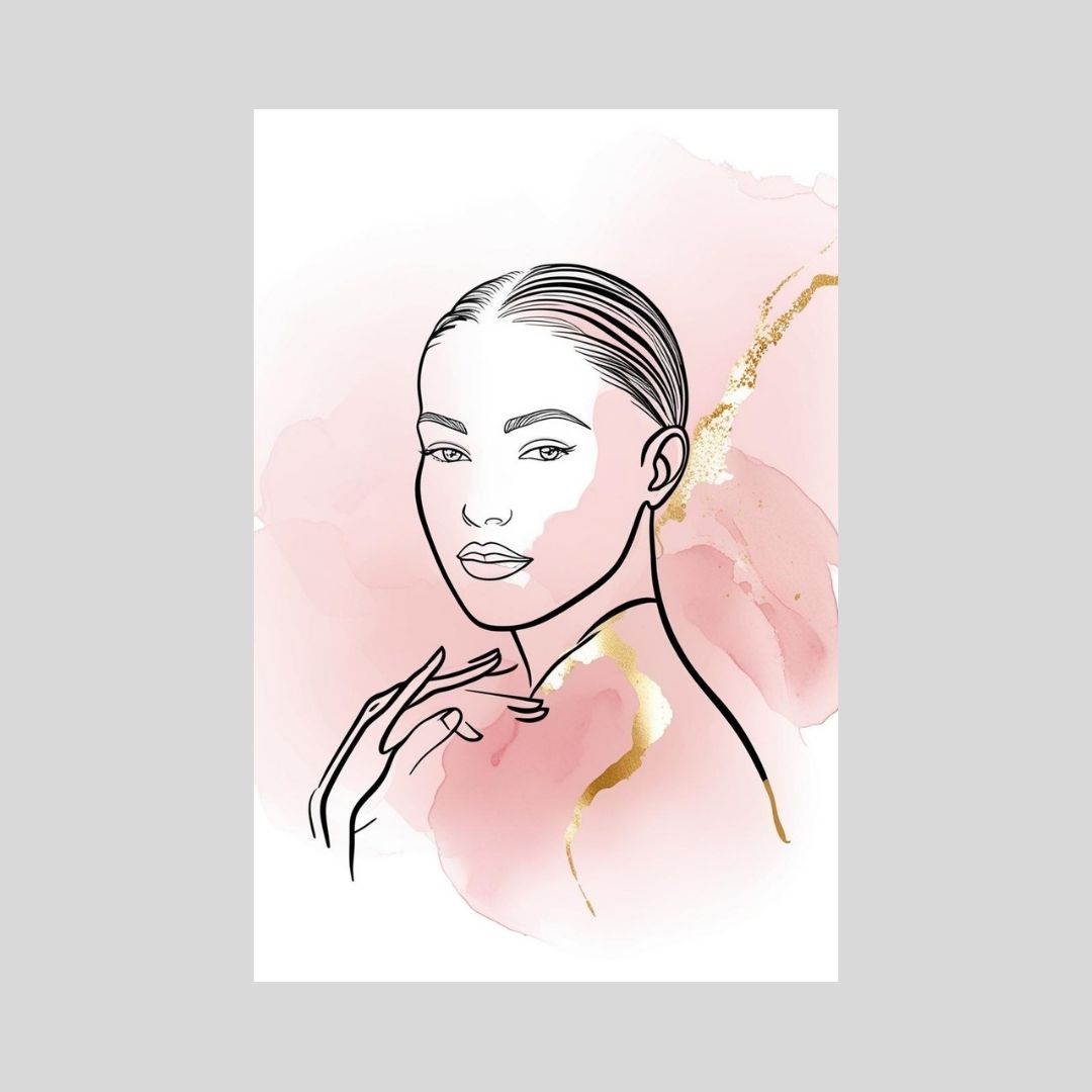 Minimalist Line Art Portrait (single figure with hair pulled back) with abstract watercolor wash in blush pink and gold leaf accents. Modern living room wall decor trend.