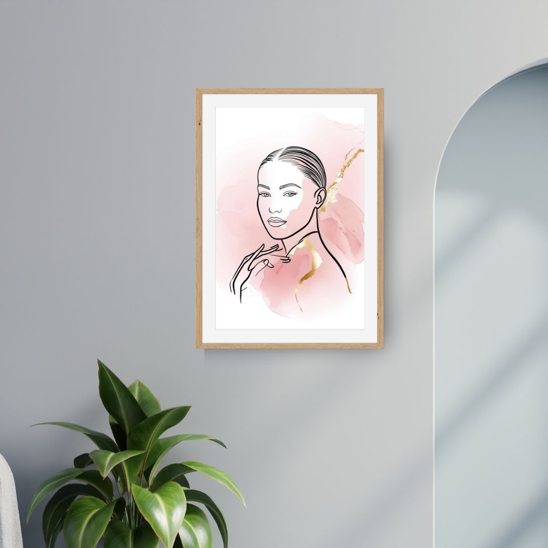 Minimalist Line Art Portrait (single figure with hair pulled back) with abstract watercolor wash in blush pink and gold leaf accents. Modern living room wall decor trend.