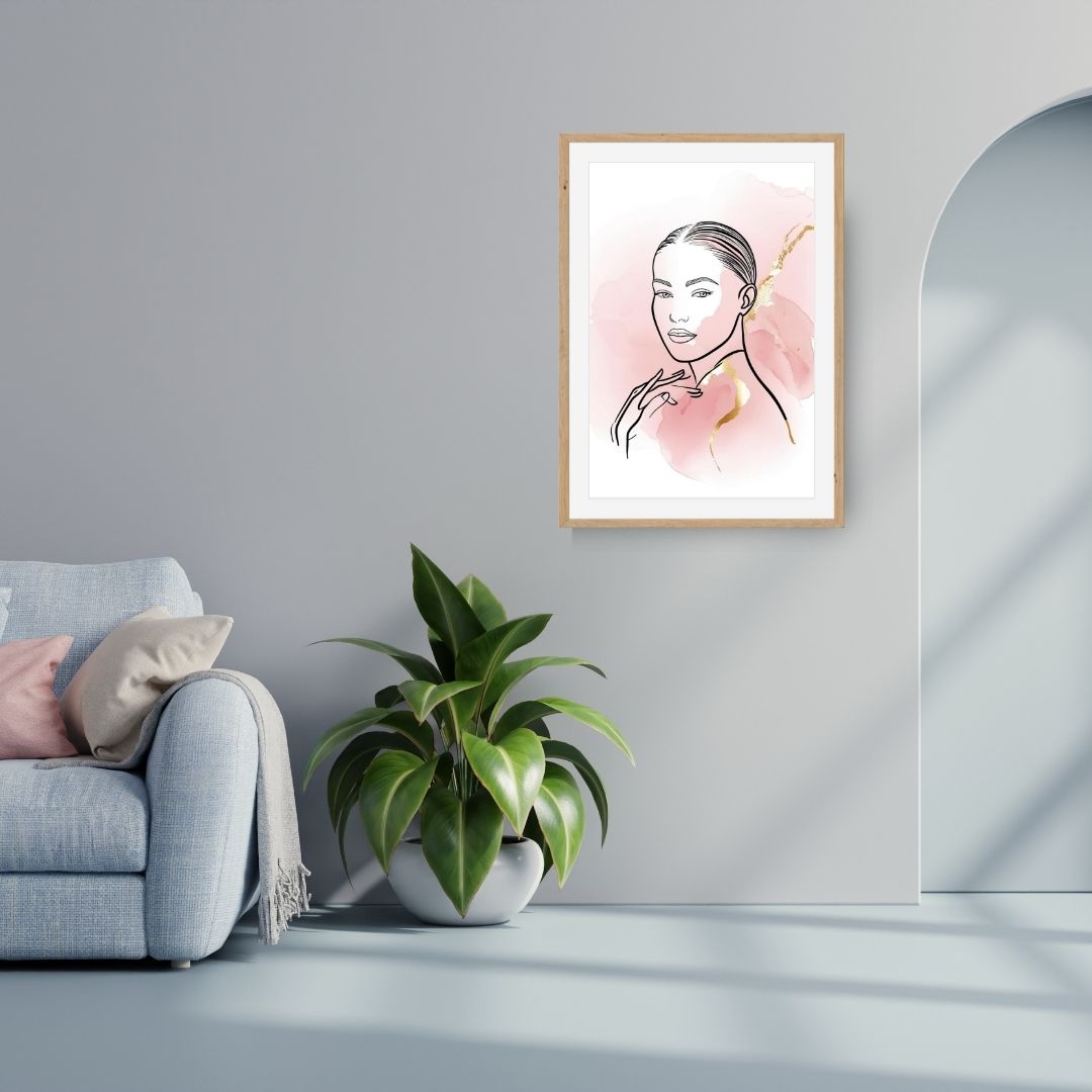 Minimalist Line Art Portrait (single figure with hair pulled back) with abstract watercolor wash in blush pink and gold leaf accents. Modern living room wall decor trend.