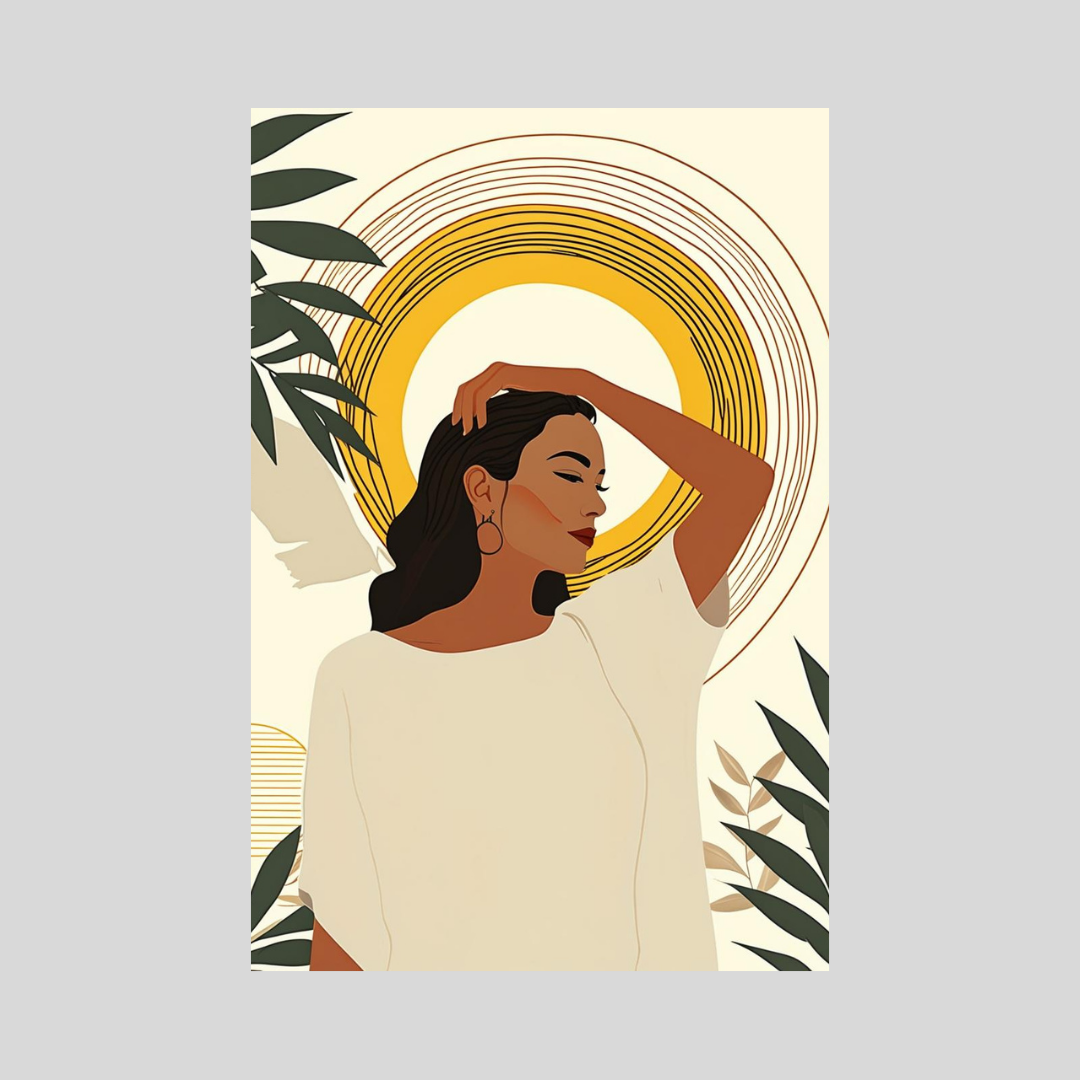Illustration of a woman with a sun and leaves in the background