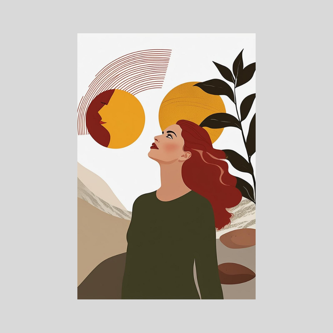 Illustration of a woman with red hair looking up at the sky with sun and mountains in the background.