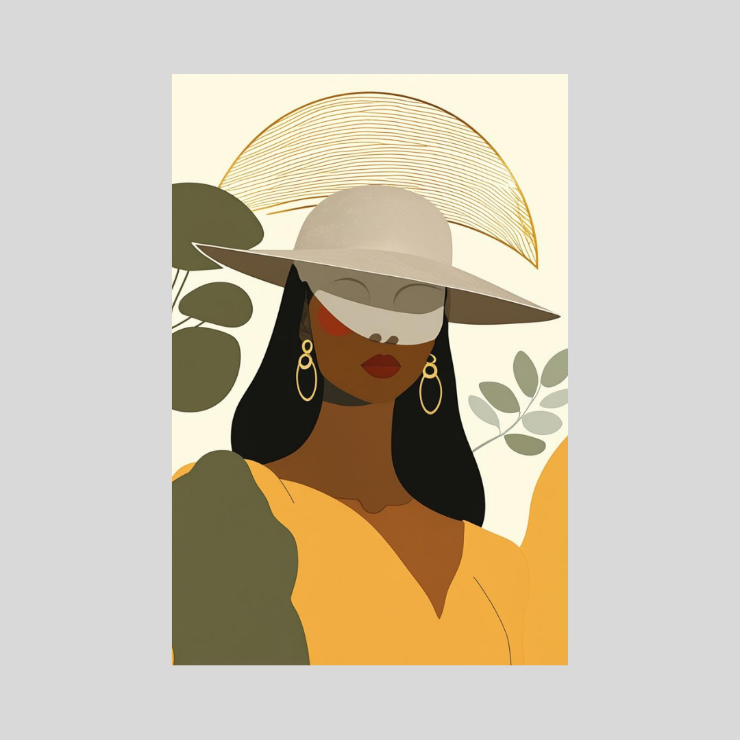 Illustration of a woman wearing a wide-brimmed hat with leaves in the background