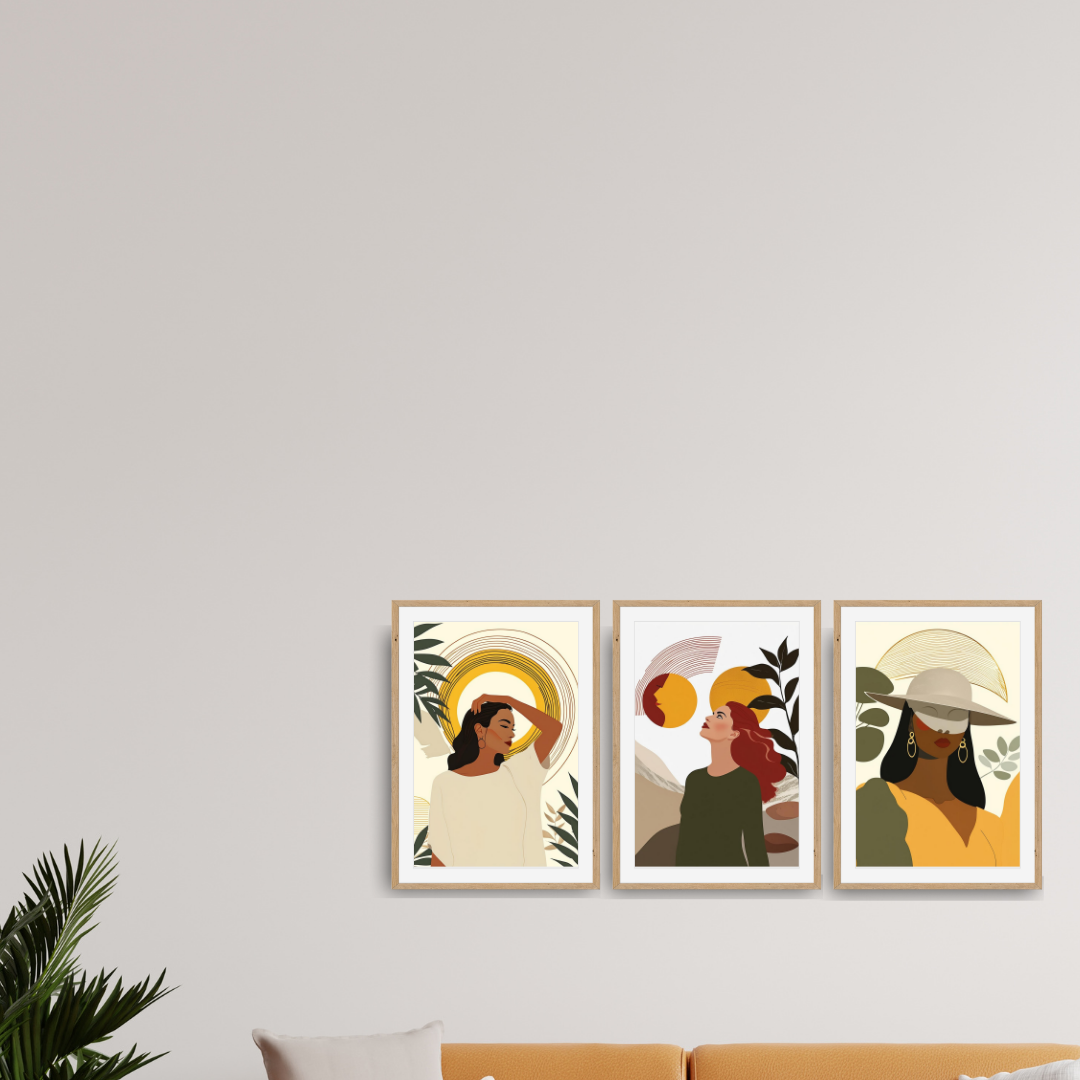 Minimalist Triptych Wall Art Set (3 framed prints) of women's portraits with abstract nature motifs in Modern Bohemian style. Perfect living room decor over an orange sofa.