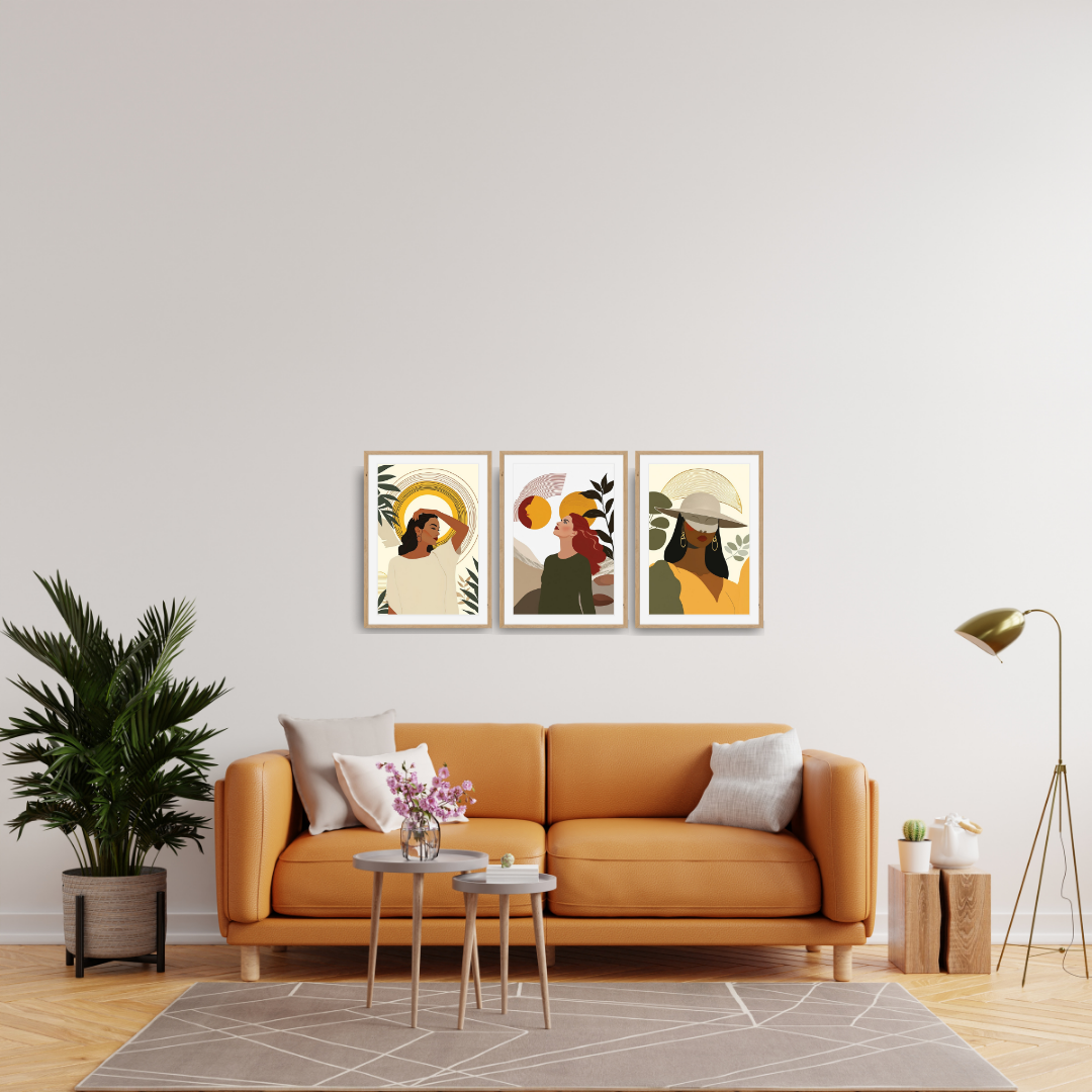 Minimalist Triptych Wall Art Set (3 framed prints) of women's portraits with abstract nature motifs in Modern Bohemian style. Perfect living room decor over an orange sofa.