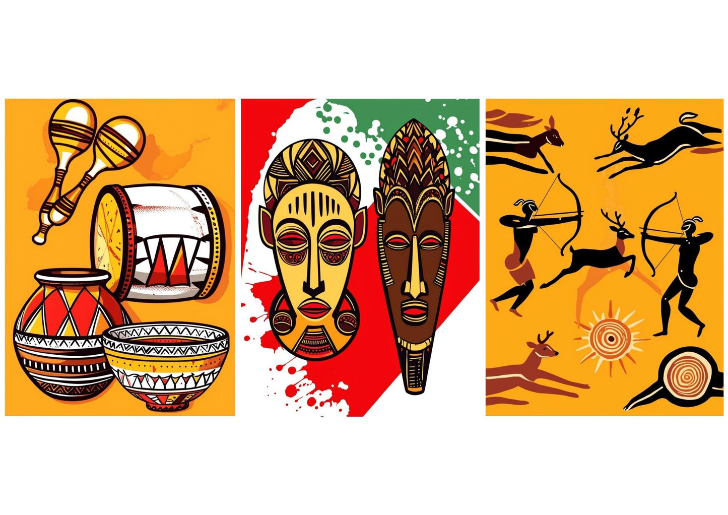 African Folk Art Triptych Wall Art Set (3 framed prints) in bright orange, red, and black. Features Tribal Masks, Pottery Still Life, and Hunting Silhouettes.