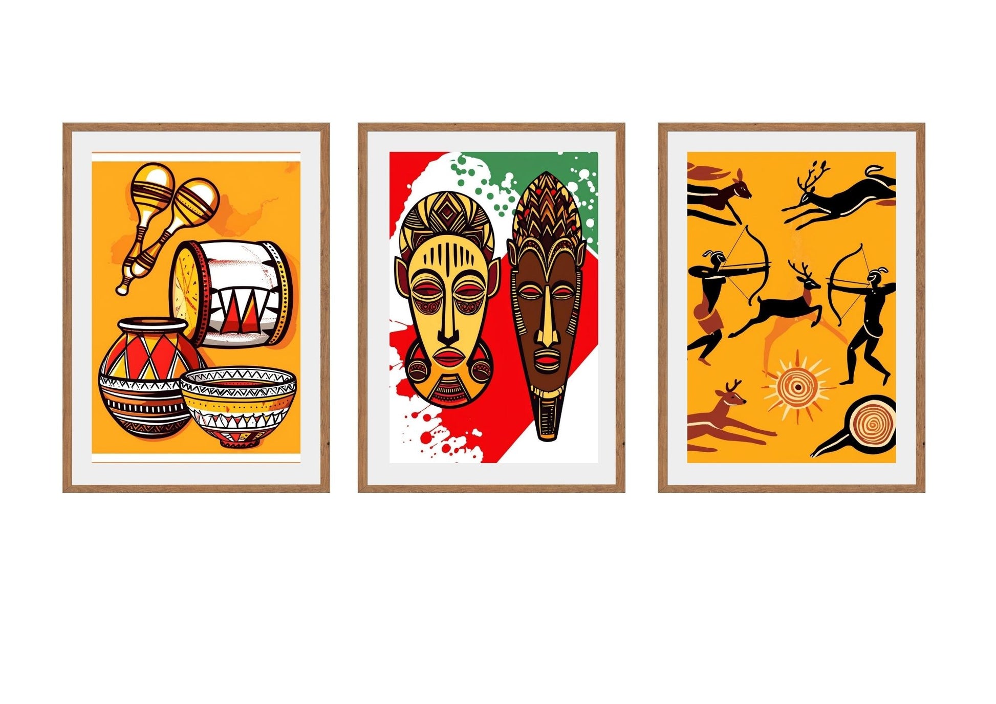 African Folk Art Triptych Wall Art Set (3 framed prints) in bright orange, red, and black. Features Tribal Masks, Pottery Still Life, and Hunting Silhouettes.