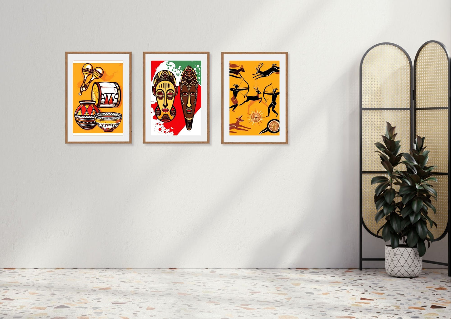 African Folk Art Triptych Wall Art Set (3 framed prints) in bright orange, red, and black. Features Tribal Masks, Pottery Still Life, and Hunting Silhouettes.