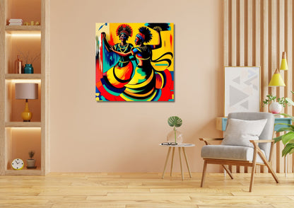 Large Figurative Pop Art Canvas featuring two African dancers in bright primary colors (yellow, red, blue). Tribal culture theme, ideal for Bohemian living room decor.