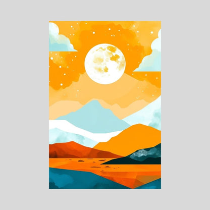 Surreal landscape with mountains, a large moon, and a starry sky on an orange background by wall and more