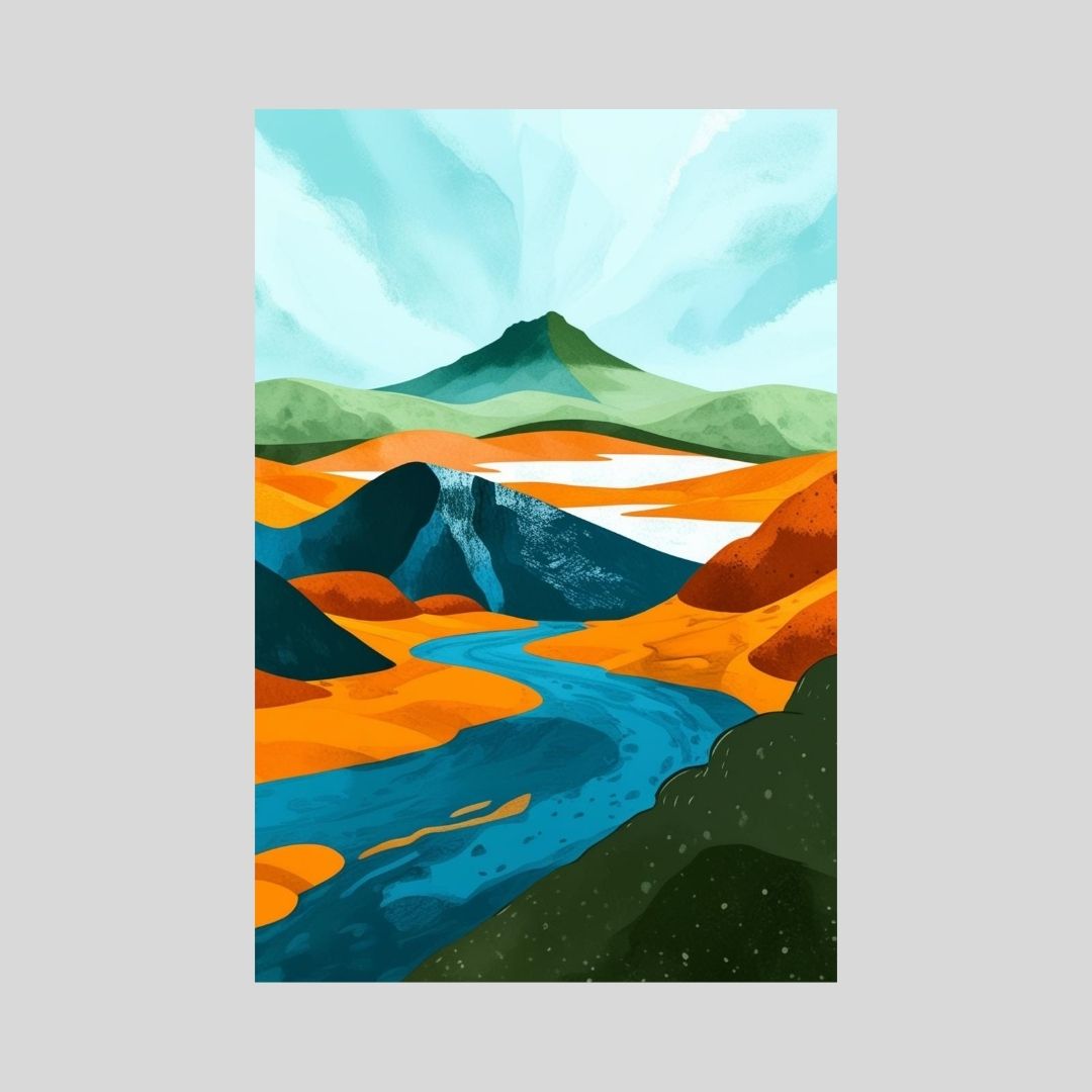 Colorful landscape painting with mountains and a river on a light gray background by wall and more