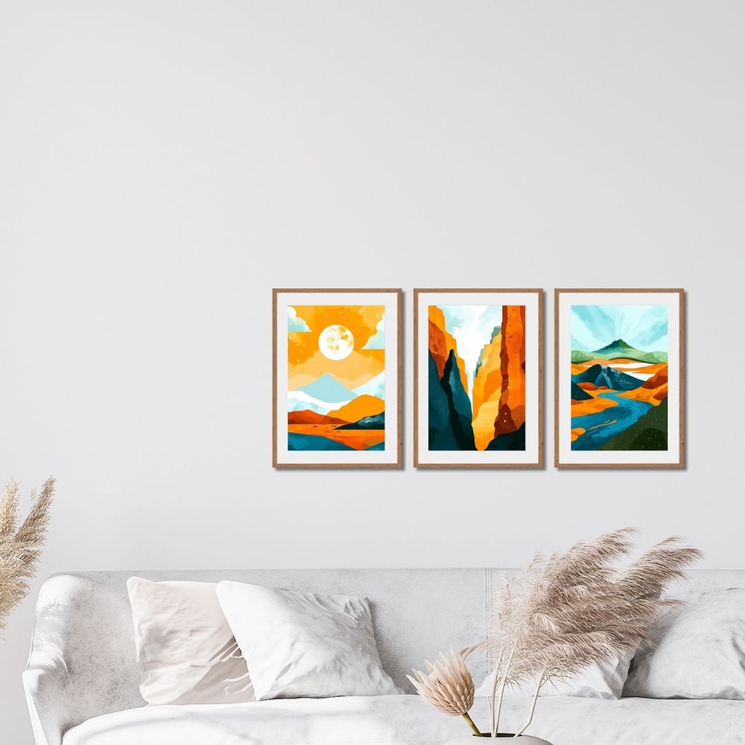 The Canyon Convergence — A High Contrast Abstract Landscape Triptych. Wall art frames by wall and more
