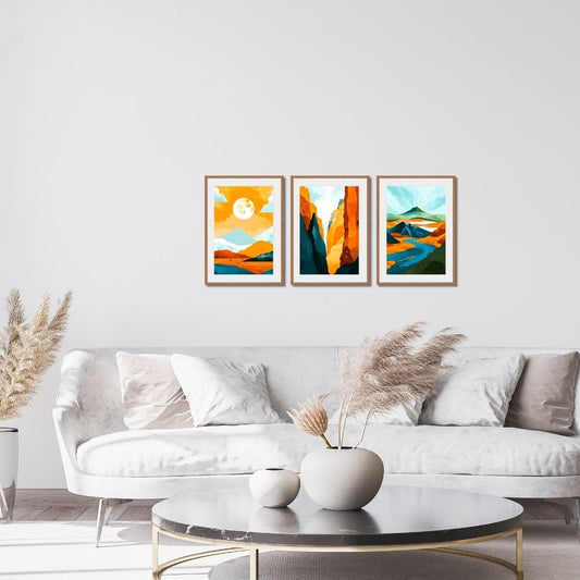 The Canyon Convergence — A High Contrast Abstract Landscape Triptych. Wall art frames by wall and more