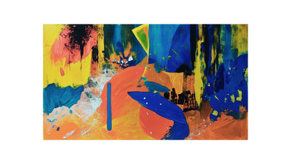 Horizontal Abstract Expressionist Wall Art print with bold strokes of Yellow, Orange, Blue, and Red paint splatter. High-energy Contemporary Art ideal for Modern Living Room Decor.