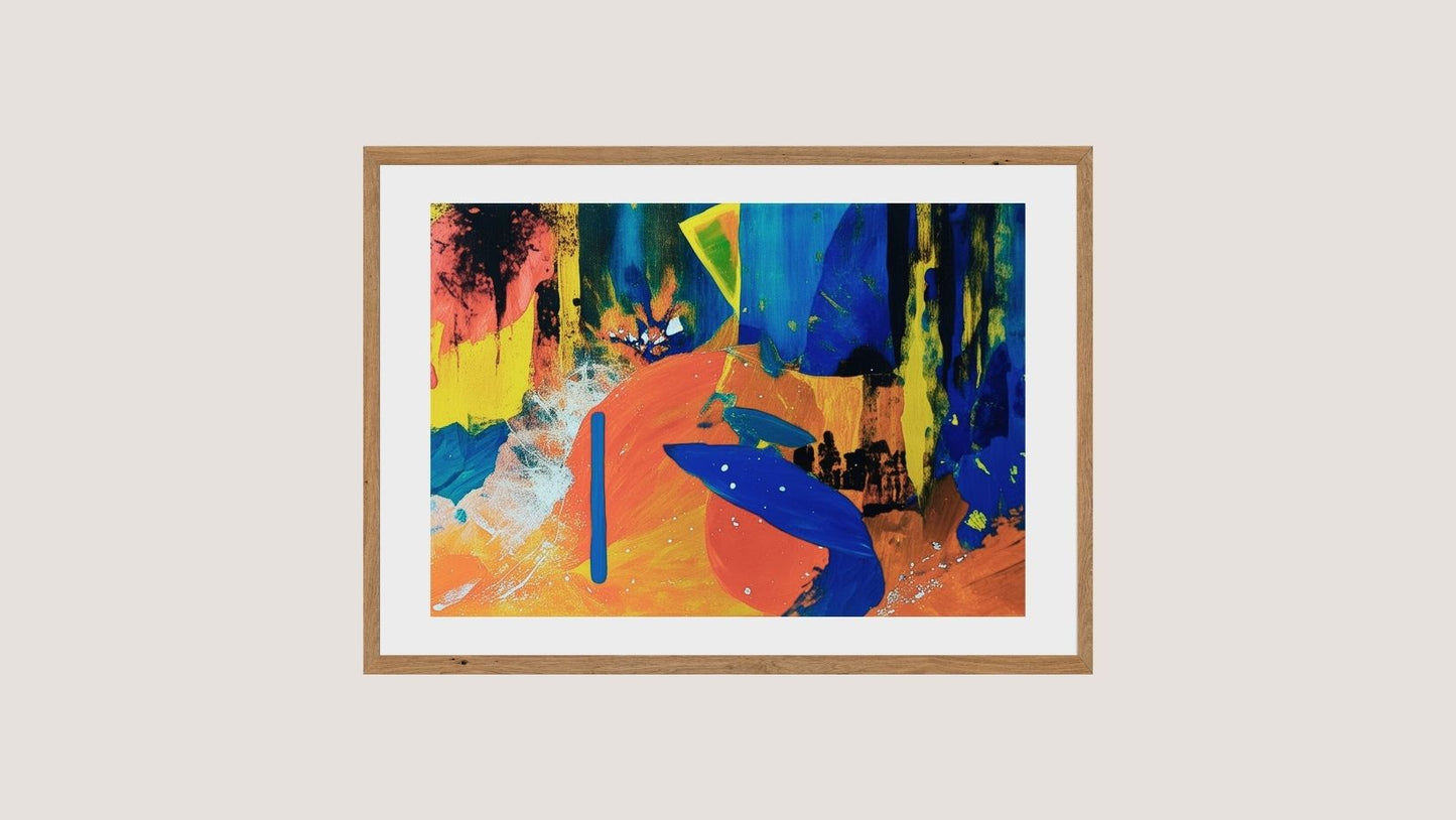 Horizontal framed Abstract Expressionist Wall Art print with bold strokes of Yellow, Orange, Blue, and Red paint splatter. High-energy Contemporary Art ideal for Modern Living Room Decor.
