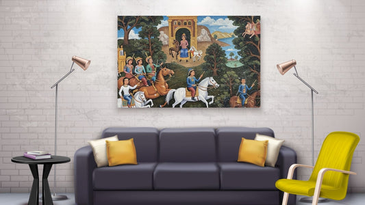 Large horizontal Mughal Narrative Art Canvas showing a Royal Hunting Party on horseback near an arched gate. Ideal Traditional Culture or Historical Art living room wall decor.