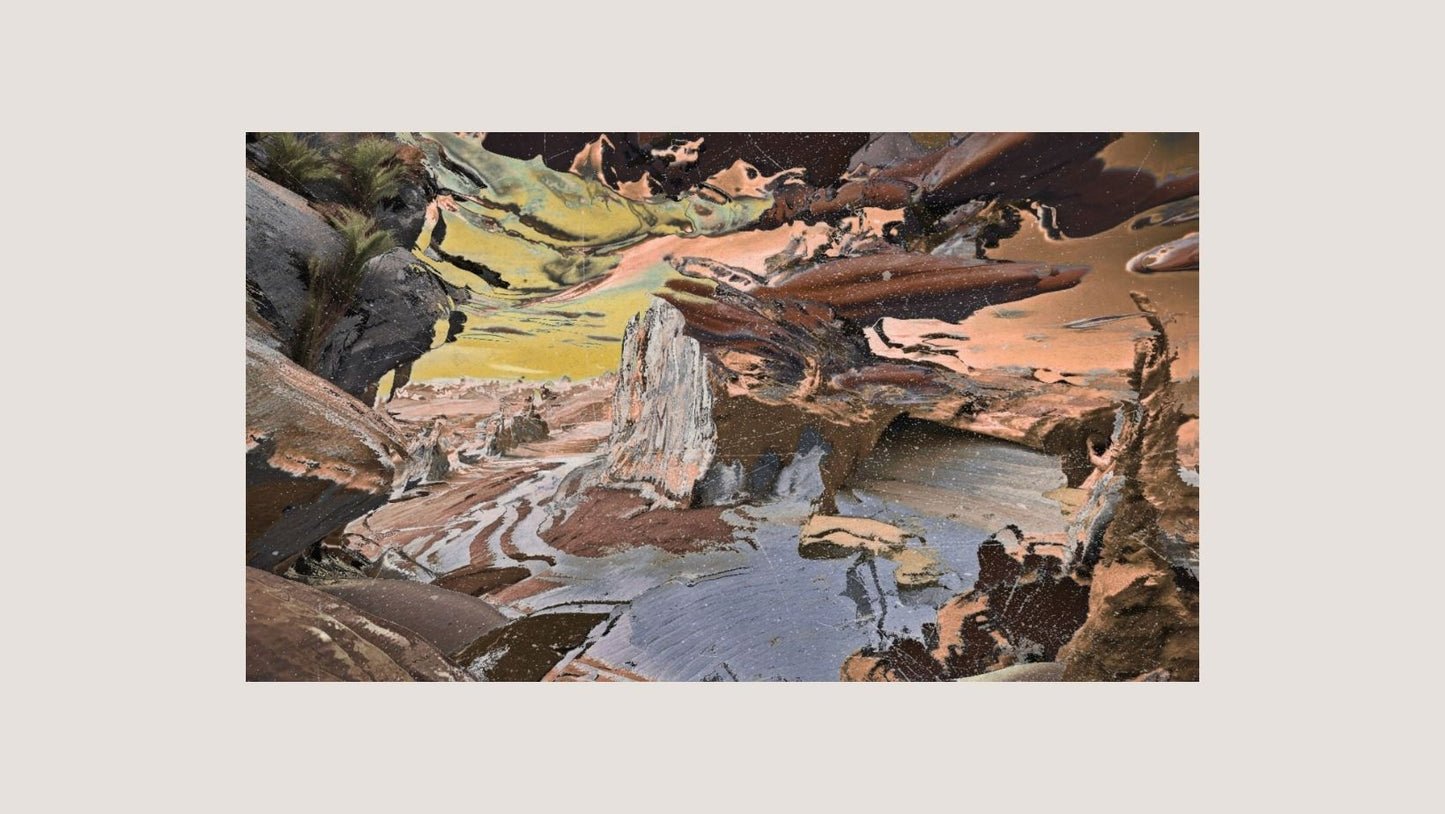 Large horizontal Abstract Landscape Canvas using thick impasto texture-like in brown, gray, and ochre. Surreal style art ideal for modern living room wall decor.