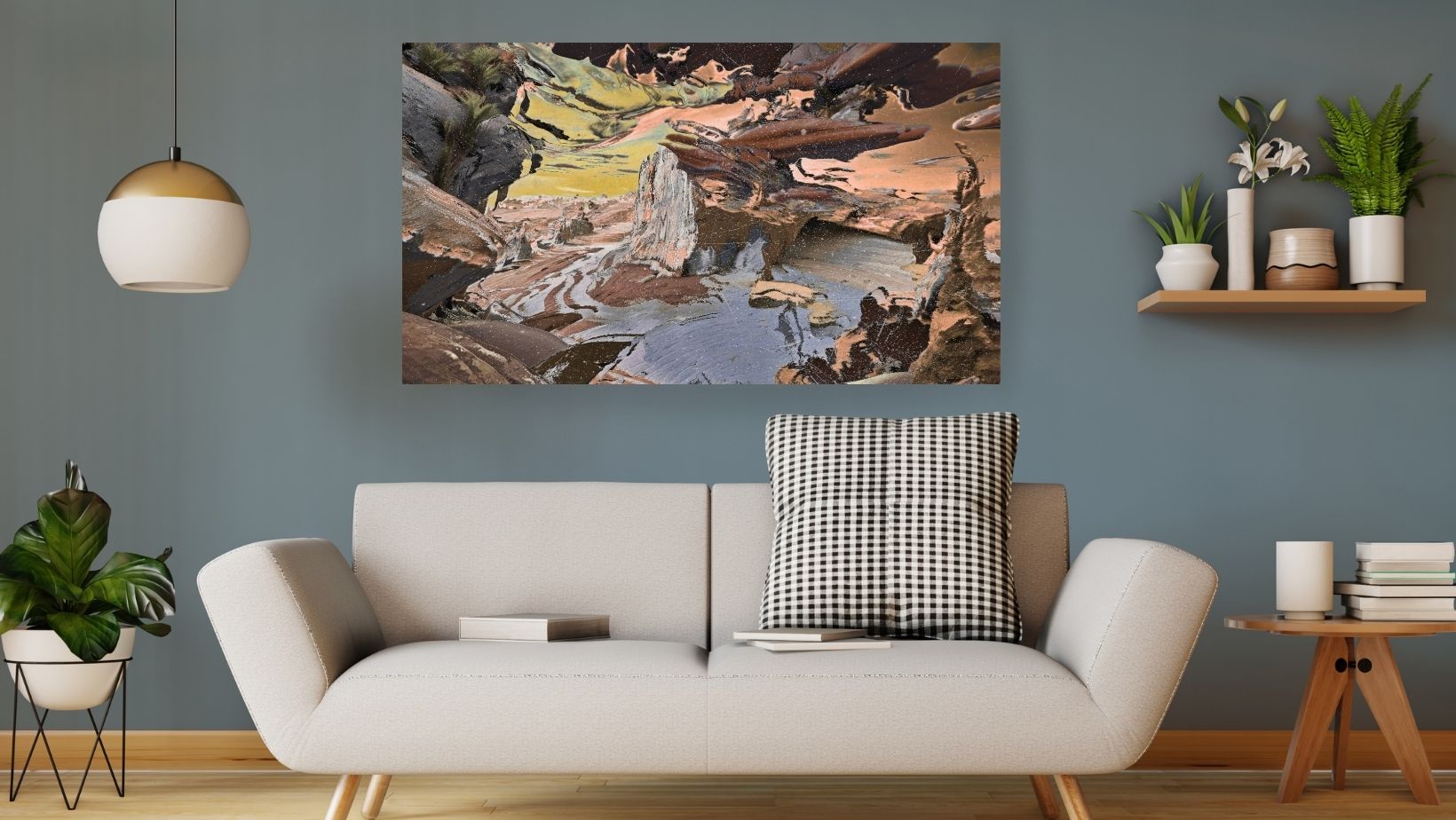Large horizontal Abstract Landscape Canvas using thick impasto texture-like in brown, gray, and ochre. Surreal style painting ideal for modern living room wall decor.