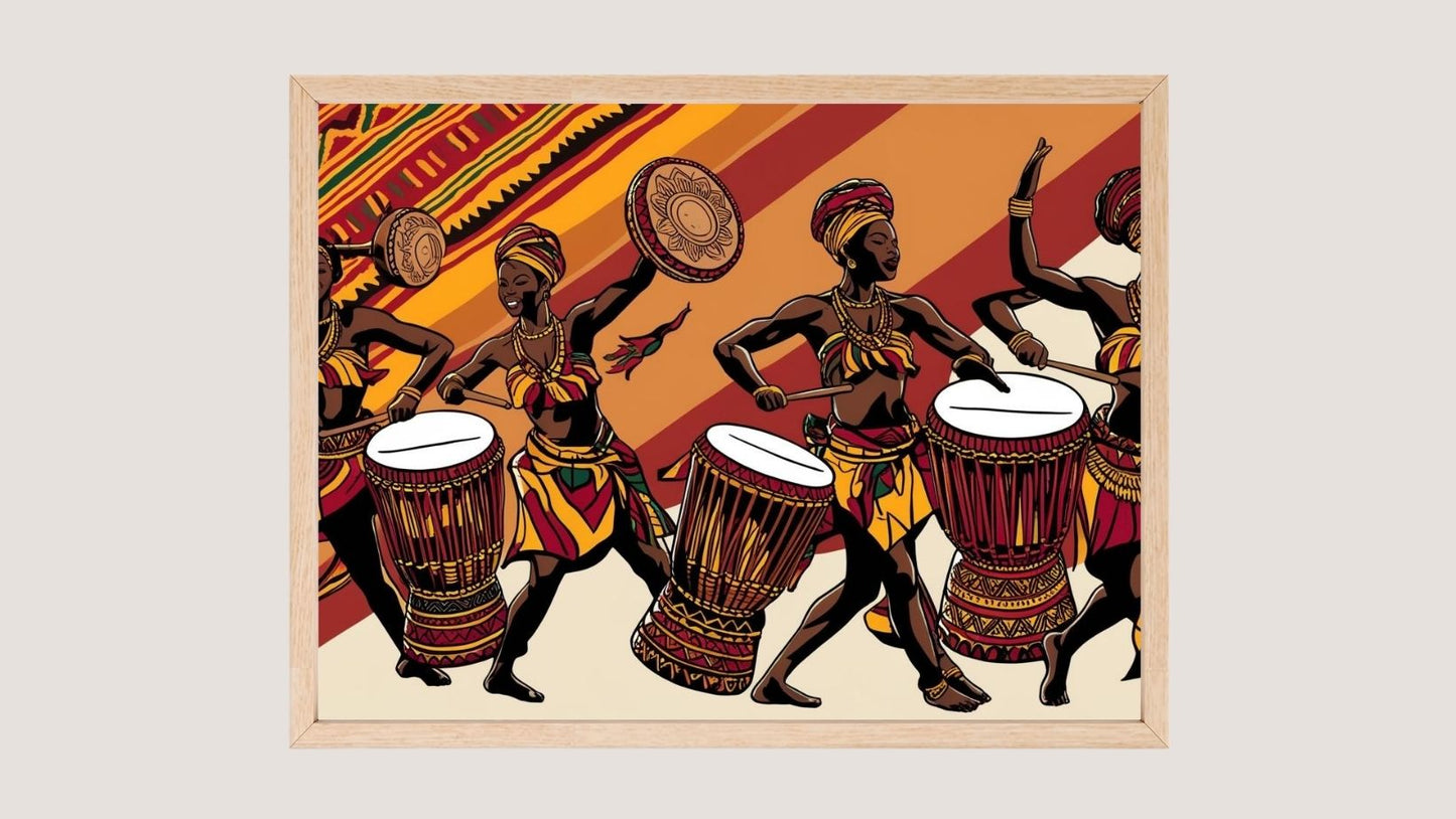 African Folk Art Wall Print in a wood frame, featuring women dancing and playing Djembe drums. Bold color, ideal Bohemian or Tribal style frame for living room decor.