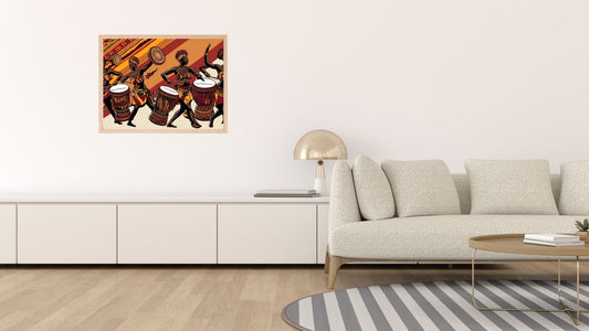 African Folk Art Wall Print in a wood frame, featuring women dancing and playing Djembe drums. Bold color, ideal Bohemian or Tribal style living room decor.