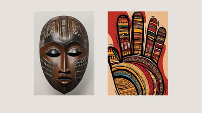 Afrocentric Diptych Wall Art Set on brick background: Realistic carved Tribal Mask and a bright, abstract Patterned Hand Print. Ideal Art For Ethnic or Bohemian living room decor.