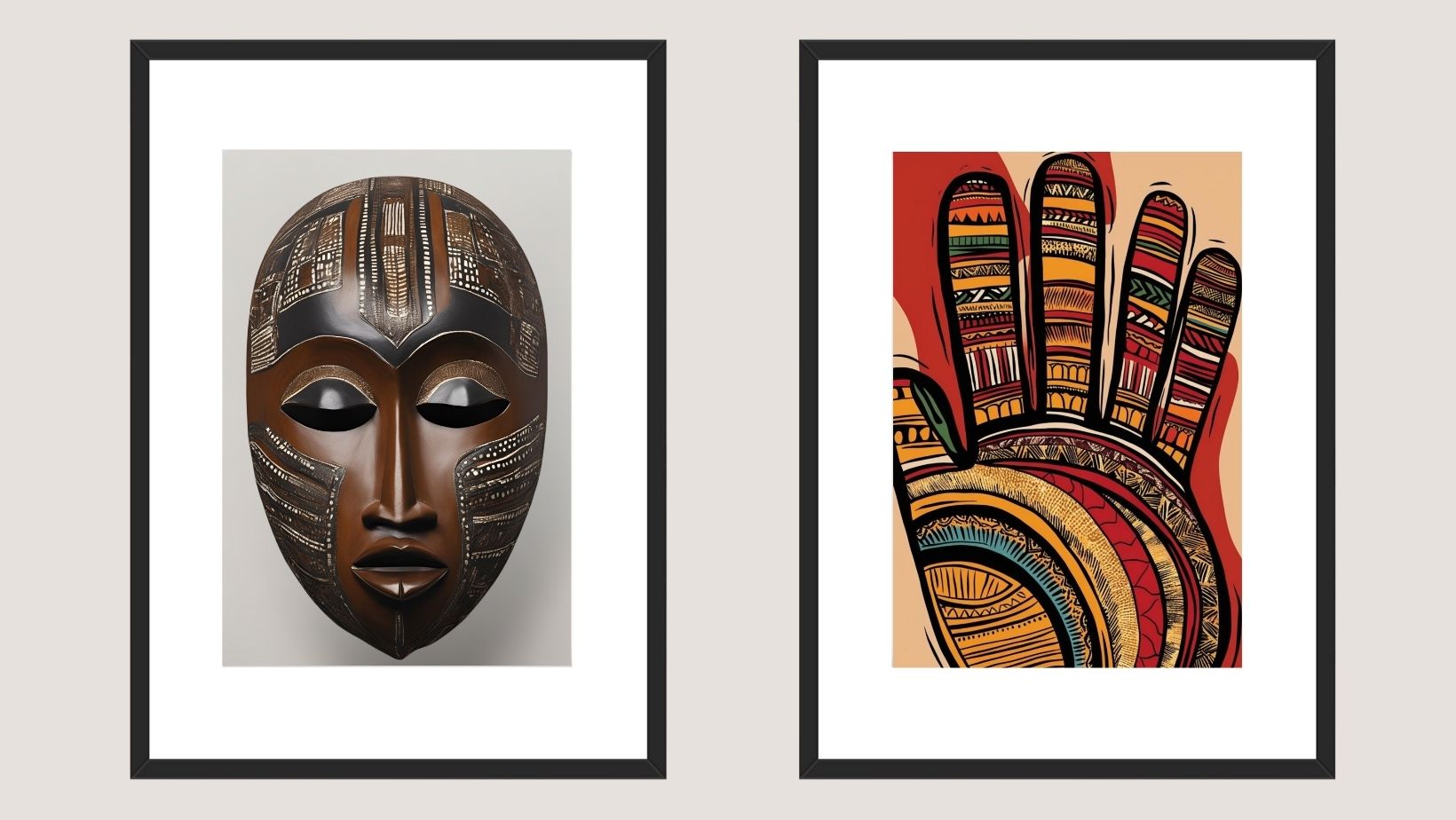 Afrocentric Diptych Wall Art Set on brick background: Realistic carved Tribal Mask and a bright, abstract Patterned Hand Print. Ideal Frames For Ethnic or Bohemian living room decor.