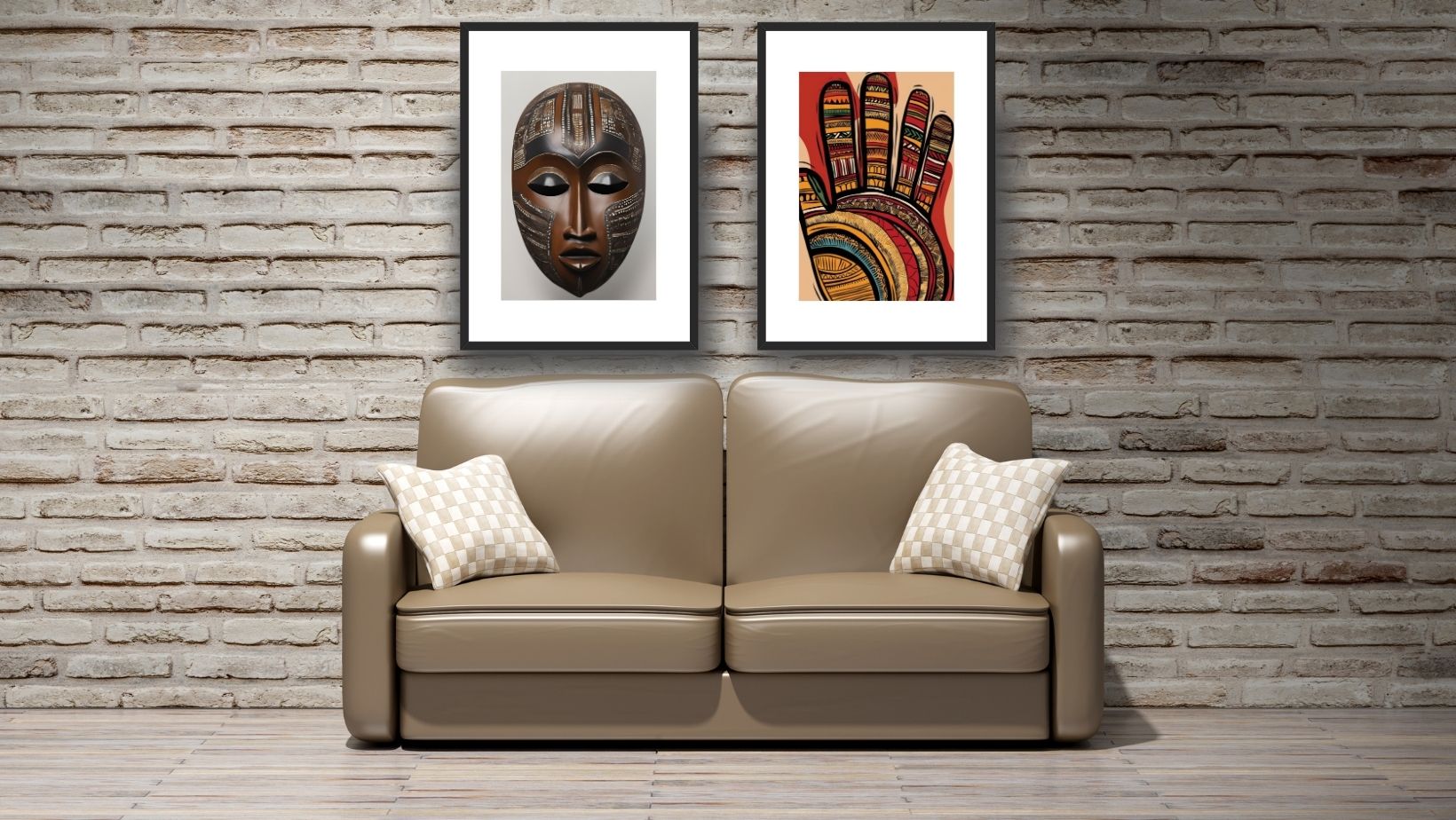 Afrocentric Diptych Wall Art Set on brick background: Realistic carved Tribal Mask and a bright, abstract Patterned Hand Print. Ideal Ethnic or Bohemian living room decor.