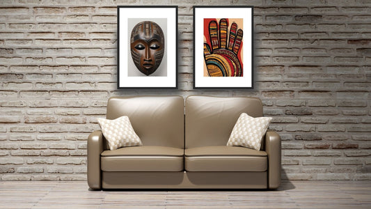 Afrocentric Diptych Wall Art Set on brick background: Realistic carved Tribal Mask and a bright, abstract Patterned Hand Print. Ideal Ethnic or Bohemian living room decor.