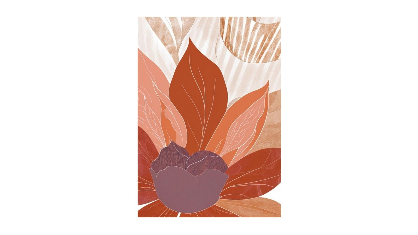 Stylized Botanical Abstract Art in warm Terracotta, rust, and mauve tones. Perfect Bohemian or Mid-Century Modern style living room wall decor.