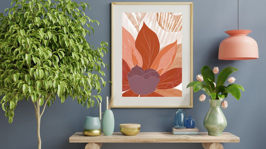 Framed Stylized Botanical Abstract Wall Art in warm Terracotta, rust, and mauve tones. Perfect Bohemian or Mid-Century Modern style living room wall decor.