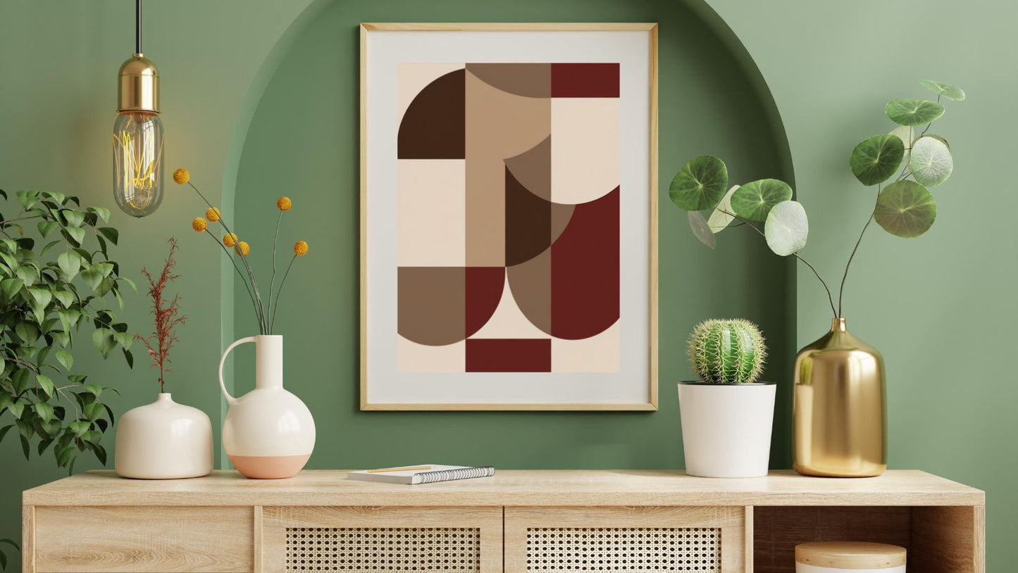 Framed Bauhaus Geometric Abstract Print in burgundy, brown, and beige. Features contrasting shapes and colors, ideal Mid-Century Modern or Minimalist living room decor.
