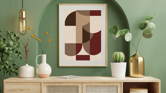 Framed Bauhaus Geometric Abstract Print in burgundy, brown, and beige. Features contrasting shapes and colors, ideal Mid-Century Modern or Minimalist living room decor.
