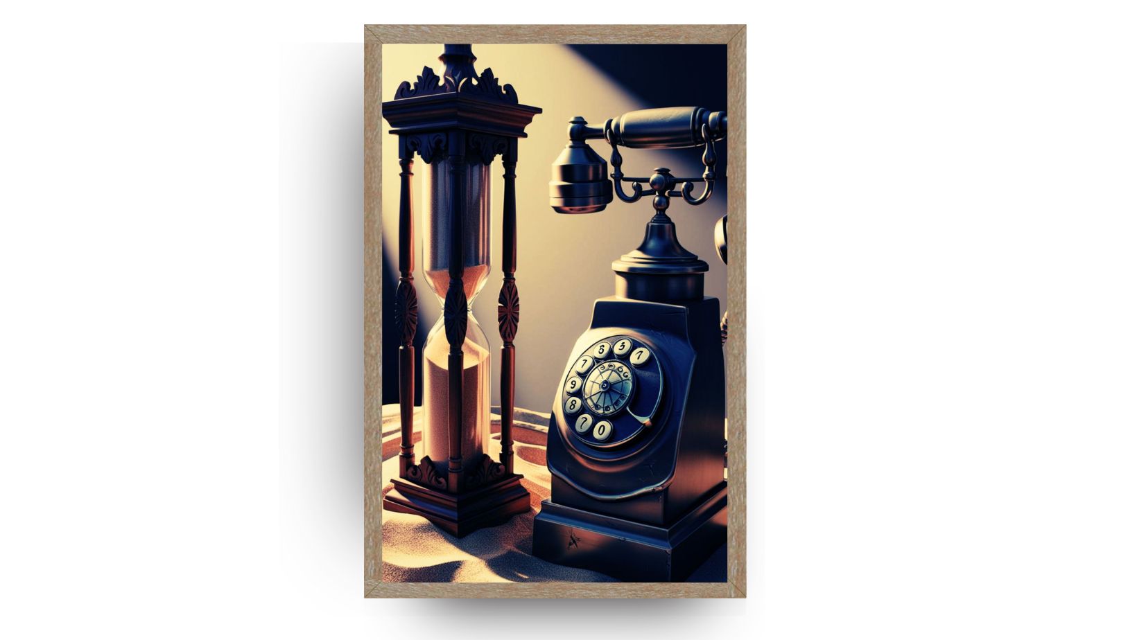 Ancient sand clock and vintage phone, wall art frame