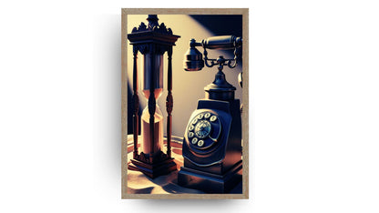 Ancient sand clock and vintage phone, wall art frame