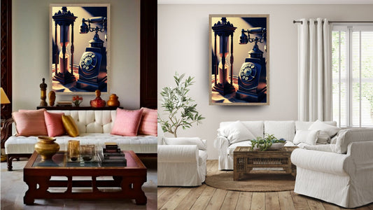 Ancient sand clock and vintage phone, wall art frame by wall and more