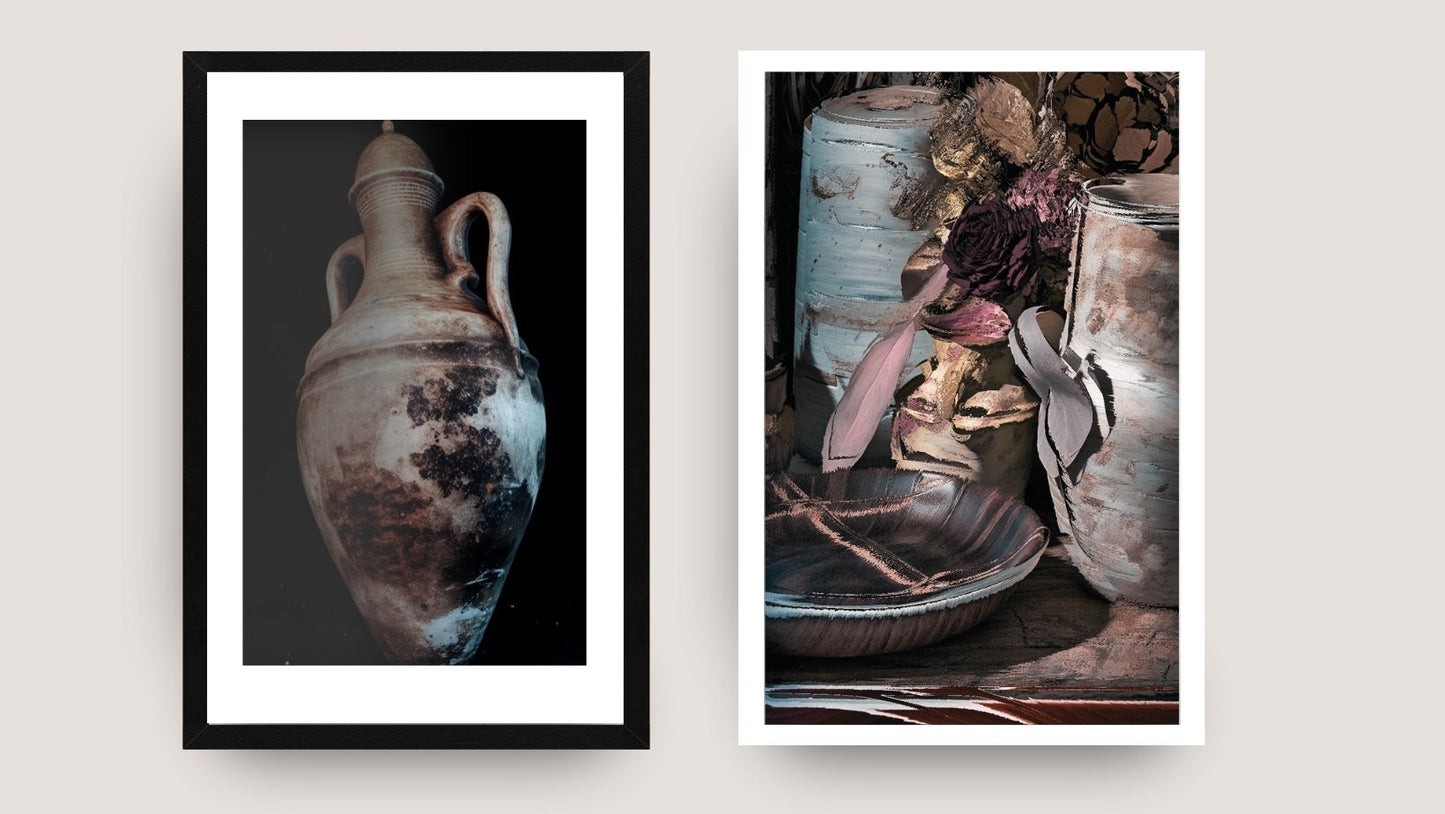 Two framed dark moody still life art prints of antique clay jars and pottery. Excellent for contemporary wall decor. wall art by wall and more