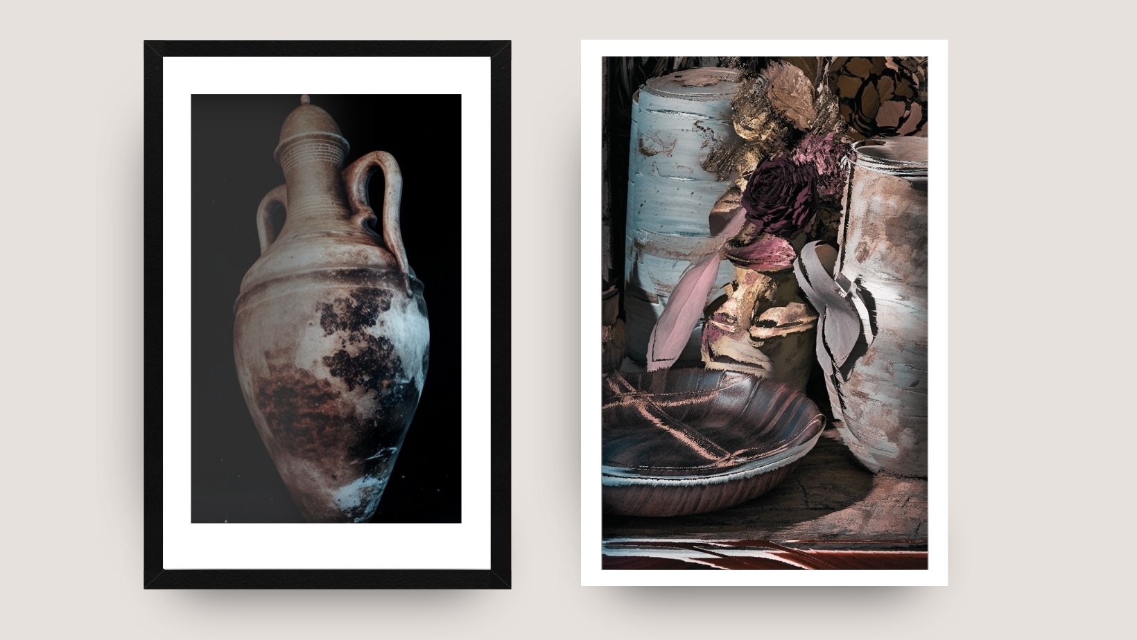 Two framed dark moody still life art prints of antique clay jars and pottery. Excellent for contemporary wall decor. wall art by wall and more