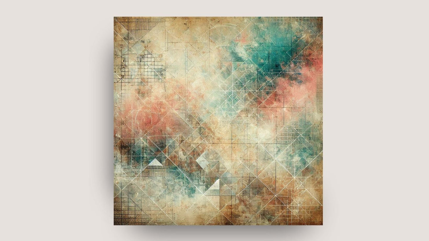 Abstract Wall Art Canvas (1 piece) featuring vibrant Polygonal/Geometric compositions with grunge texture in rust, teal, and gold tones. Ideal Modern Living Room Decor.