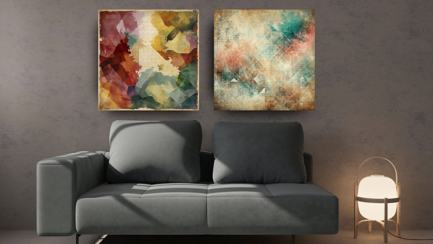 Abstract Diptych Wall Art Canvas Set (2 pieces) featuring vibrant Polygonal/Geometric compositions with grunge texture in rust, teal, and gold tones. Ideal Modern Living Room Decor.