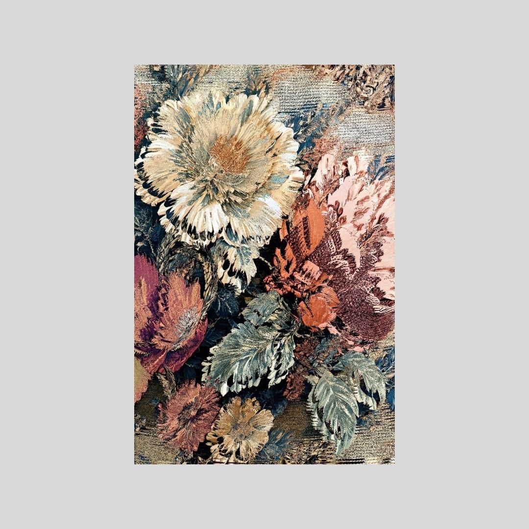 Vertical Baroque Floral Realism Print with textured, detailed blooms and foliage in muted, autumnal colors (brown, beige, pink). Ideal Traditional or Rustic Living Room Decor.