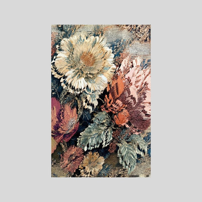 Vertical Baroque Floral Realism Print with textured, detailed blooms and foliage in muted, autumnal colors (brown, beige, pink). Ideal Traditional or Rustic Living Room Decor.